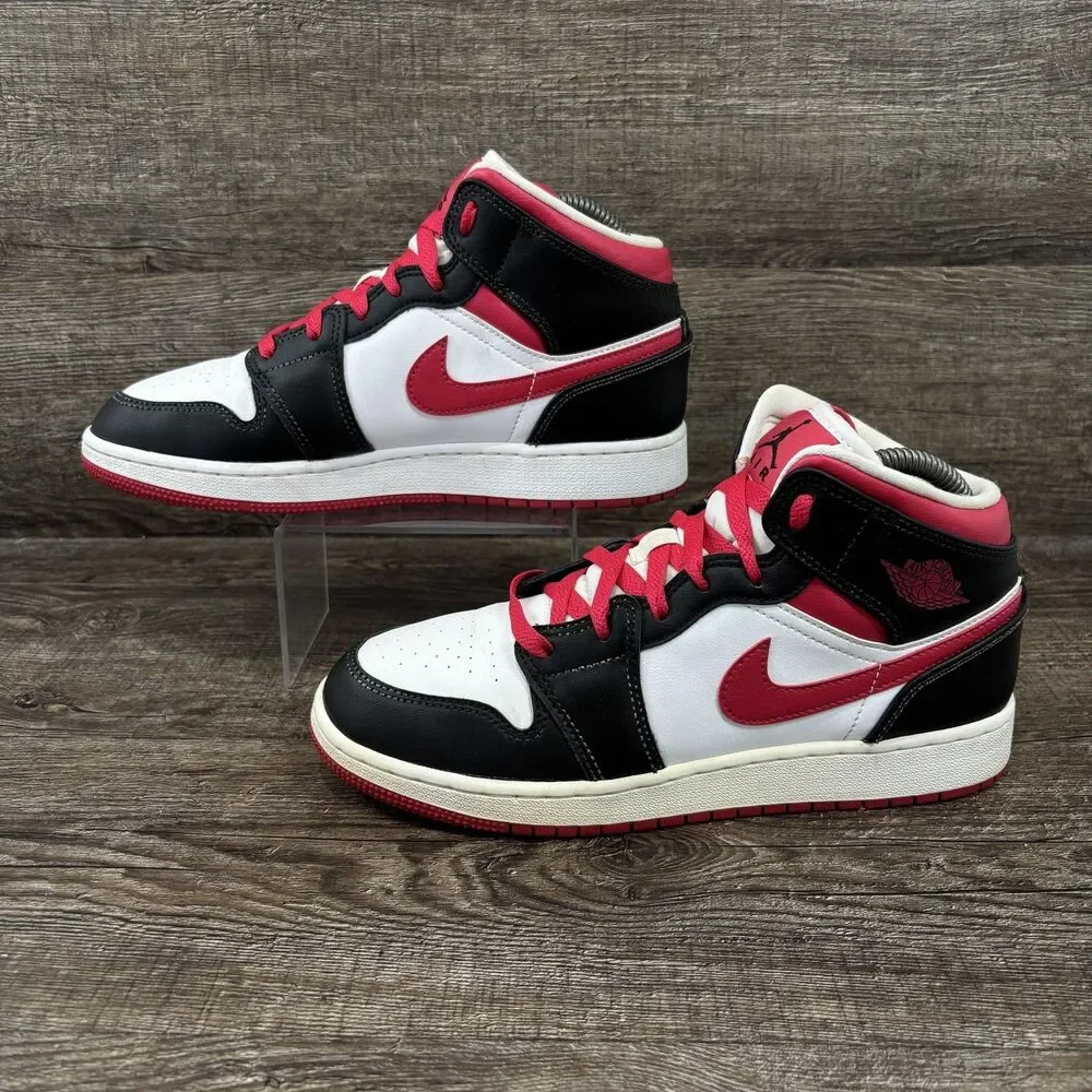 Jordan Air Jordan 1 Mid Shoes Youth 6Y Black Very Berry Red 554725-016